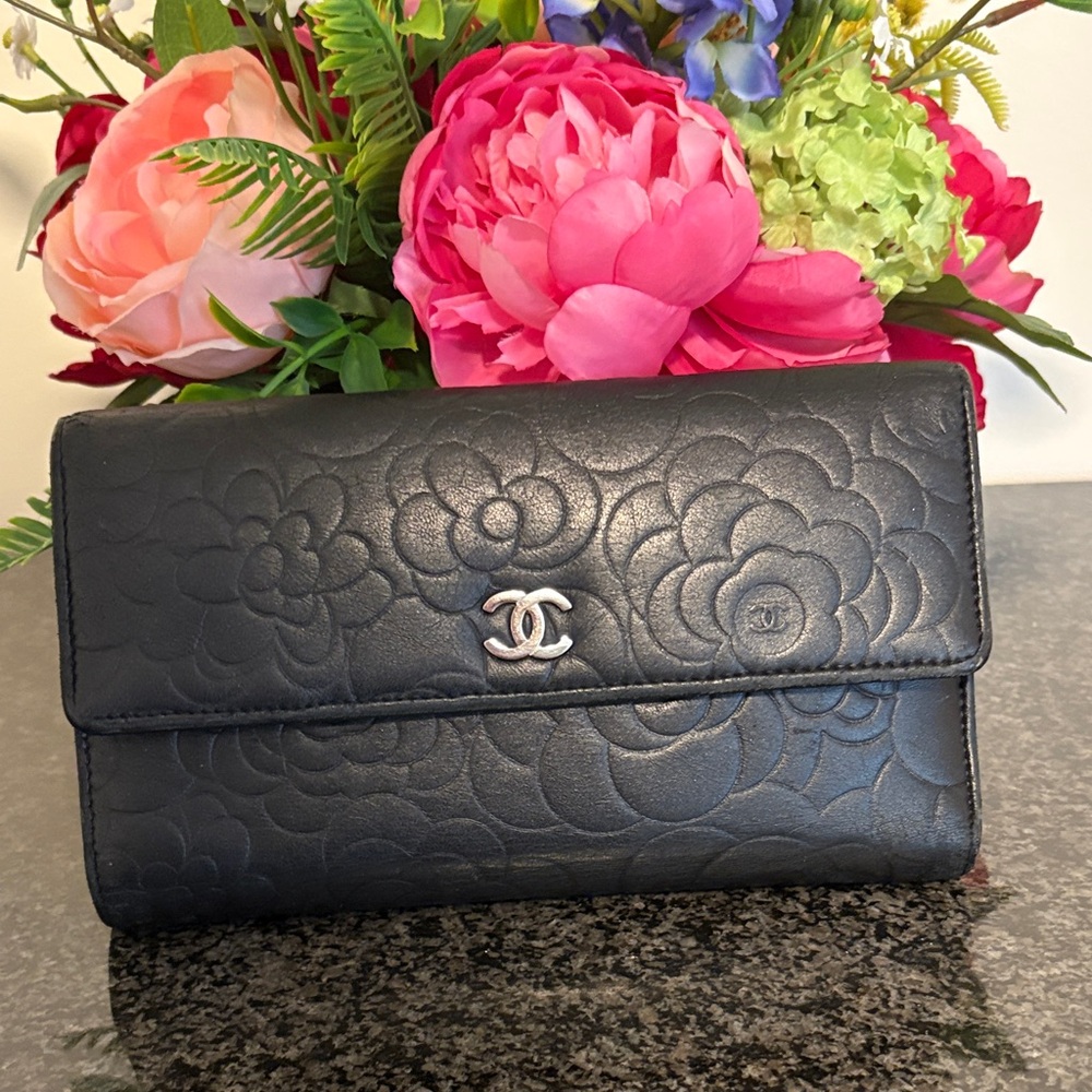 CHANEL Black Floral Embossed Clutch